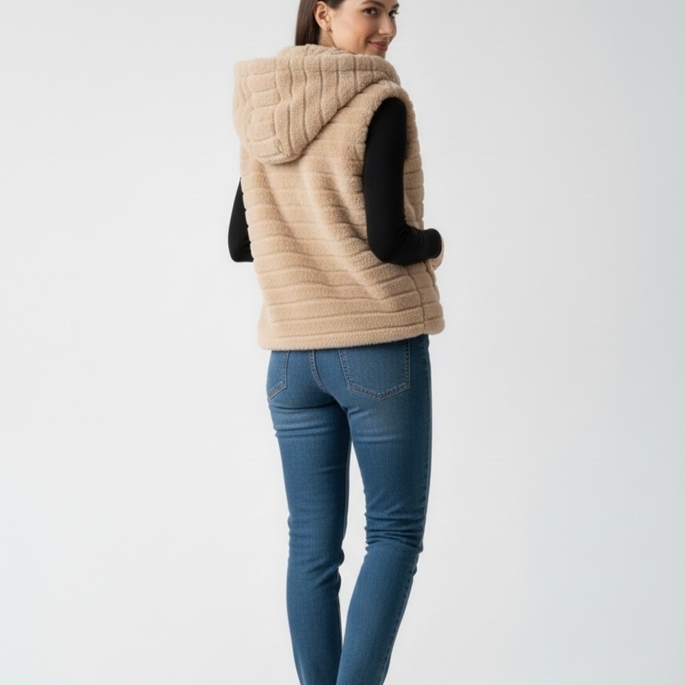 Fashion Magazine Exclusive Faux Fur Hooded Vest - Beige - Size Large